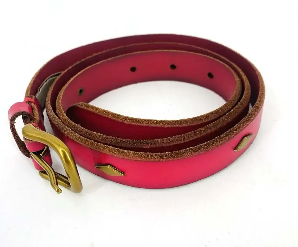 Fossil Pink Studded Skinny Belt Brass Buckle Diamond Studs Y2K Womens VTG 29-33